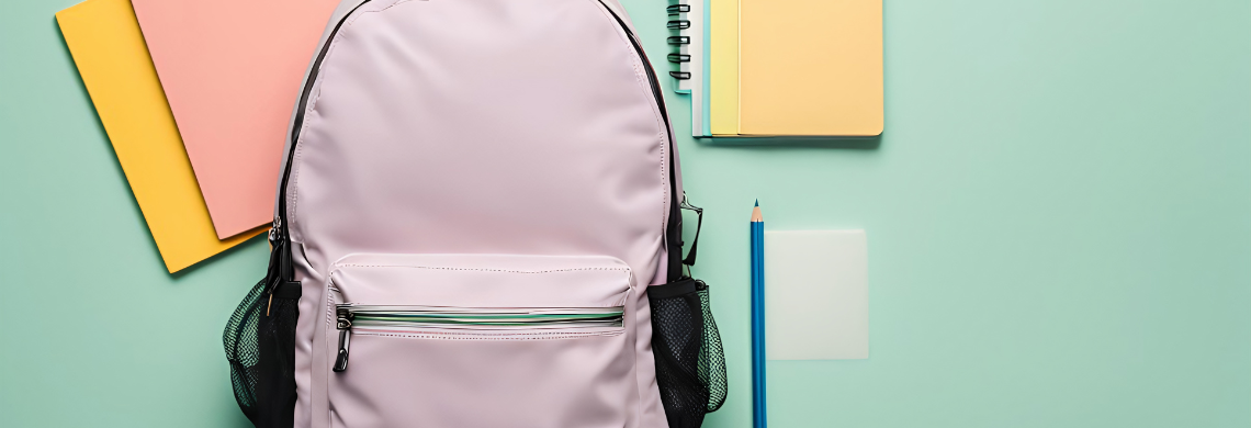 Man sieht einen Schulrucksack, Notizhefte und Stifte auf einem Tisch.